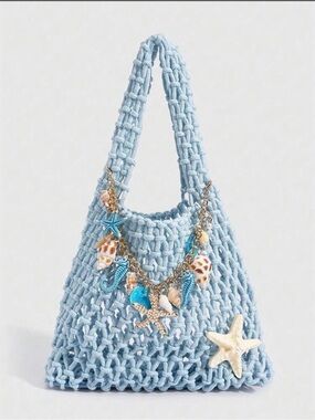 Mini Handwoven Light Blue Crochet Tote with Shell Charms